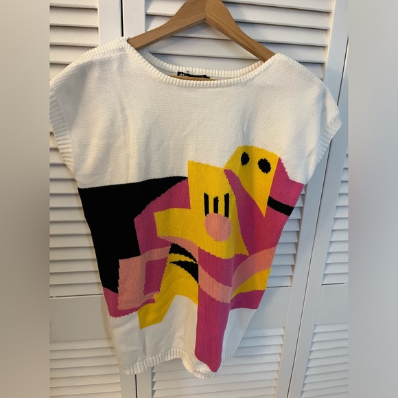 Vintage Sweaters - Tissage Sweater Vest Sz L Pink Black Yellow White Cotton Sleeveless Vintage 80s